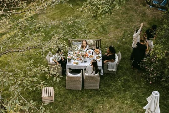 Overhead of backyard dinner party
