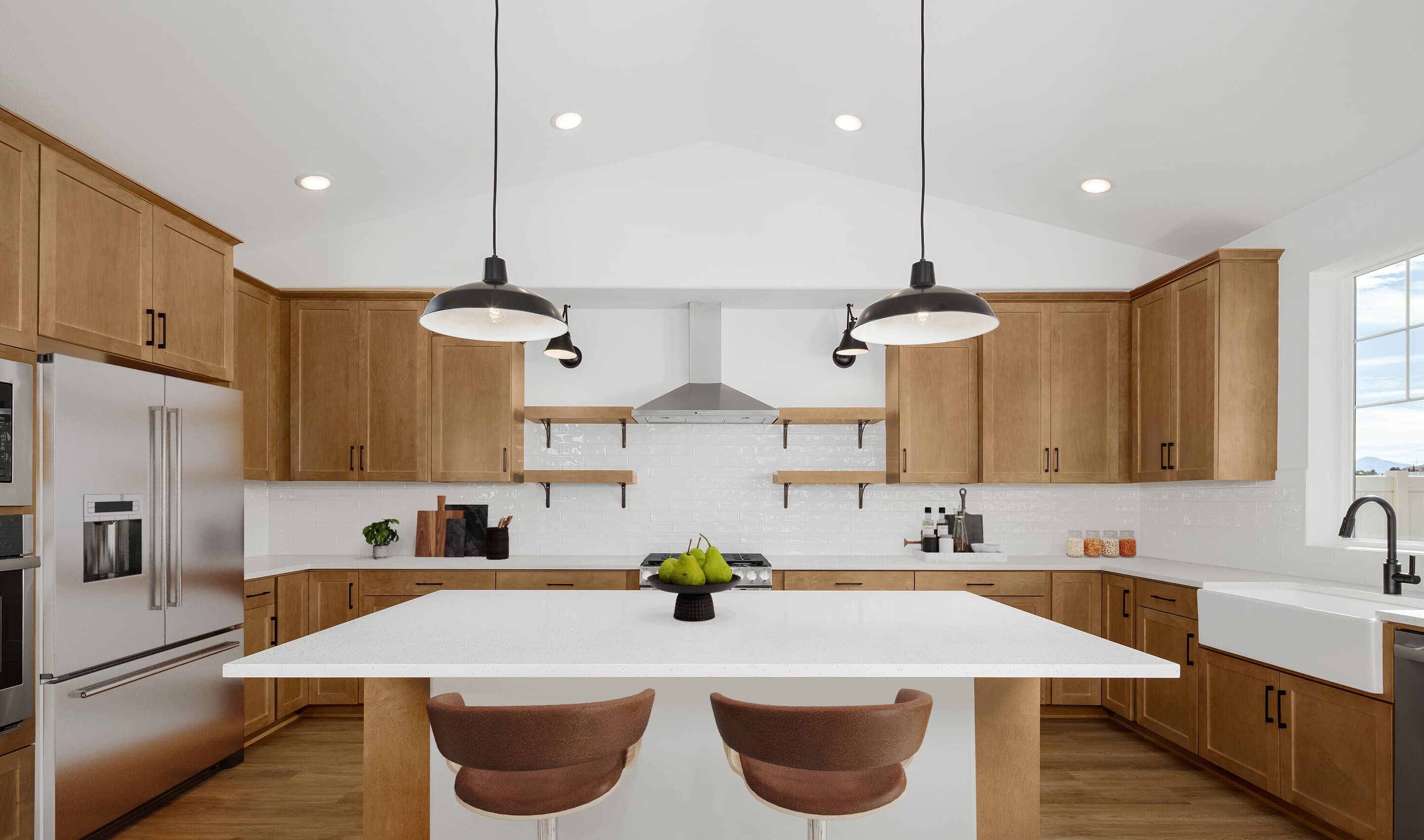 Kitchen with pendant lighting and floating shelves